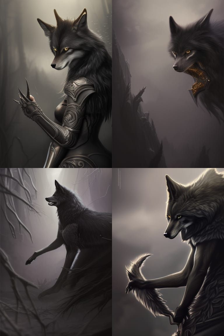 Wolf Girl in Dark Fantasy Armor, Digital Art