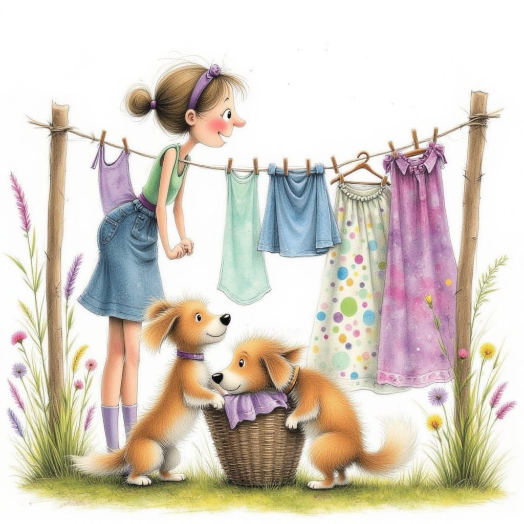 Playful Dogs Steal Laundry as Farmer's Wife Hangs Clothes