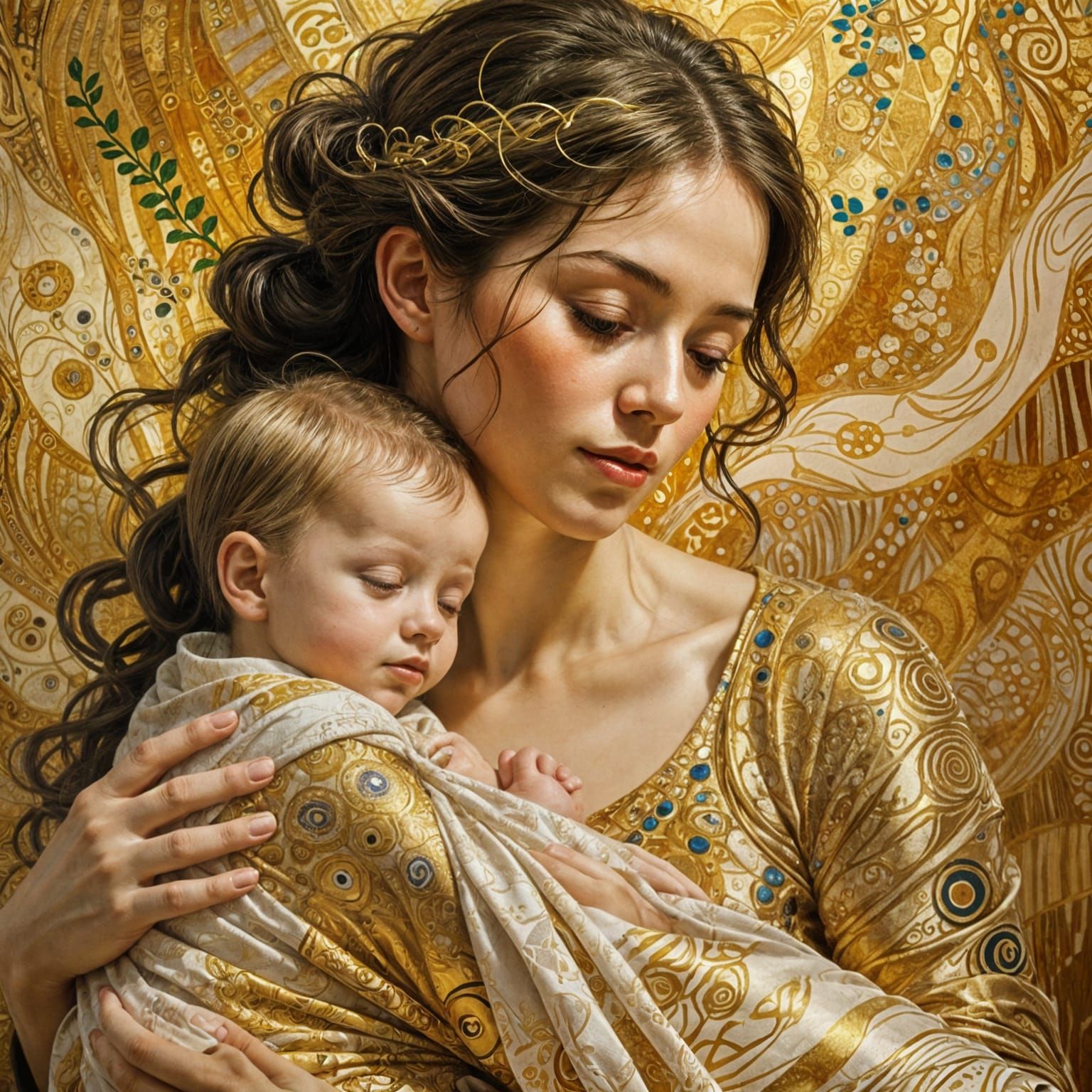Mother and Child in Golden Art Nouveau Style