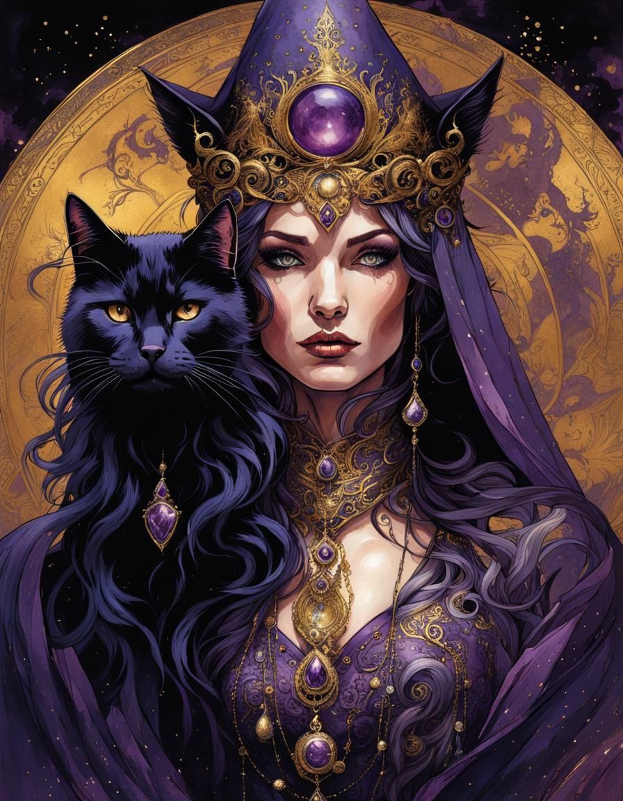 Regal Witch Stroking Cat in Golden Hourglass