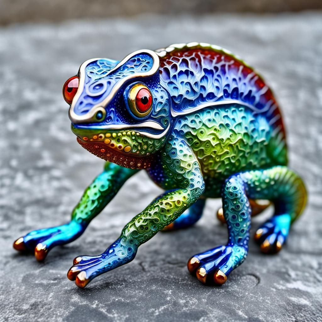 Enamelled Glass Chameleon Figurine on Stone Patio