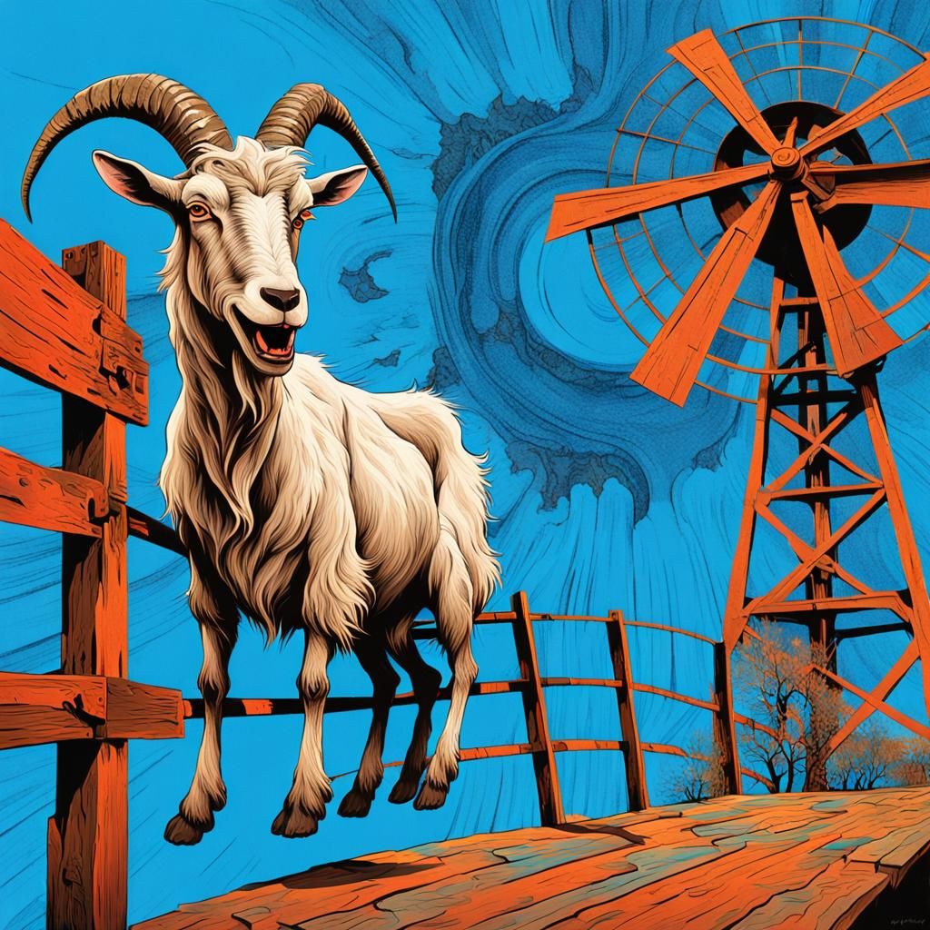Emotive Goat by Windmill: Expressionist Style