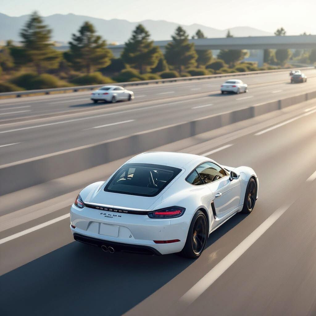 White Porsche Cayman Speeding on Modern Highway