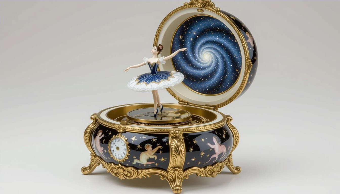 Steampunk Music Box with Clockwork Ballerina in Space