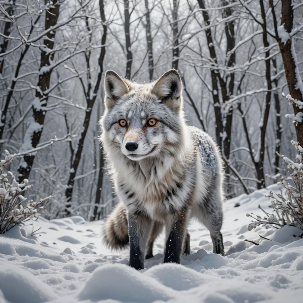Hyperrealistic White Silver Fox in Snowy Landscape
