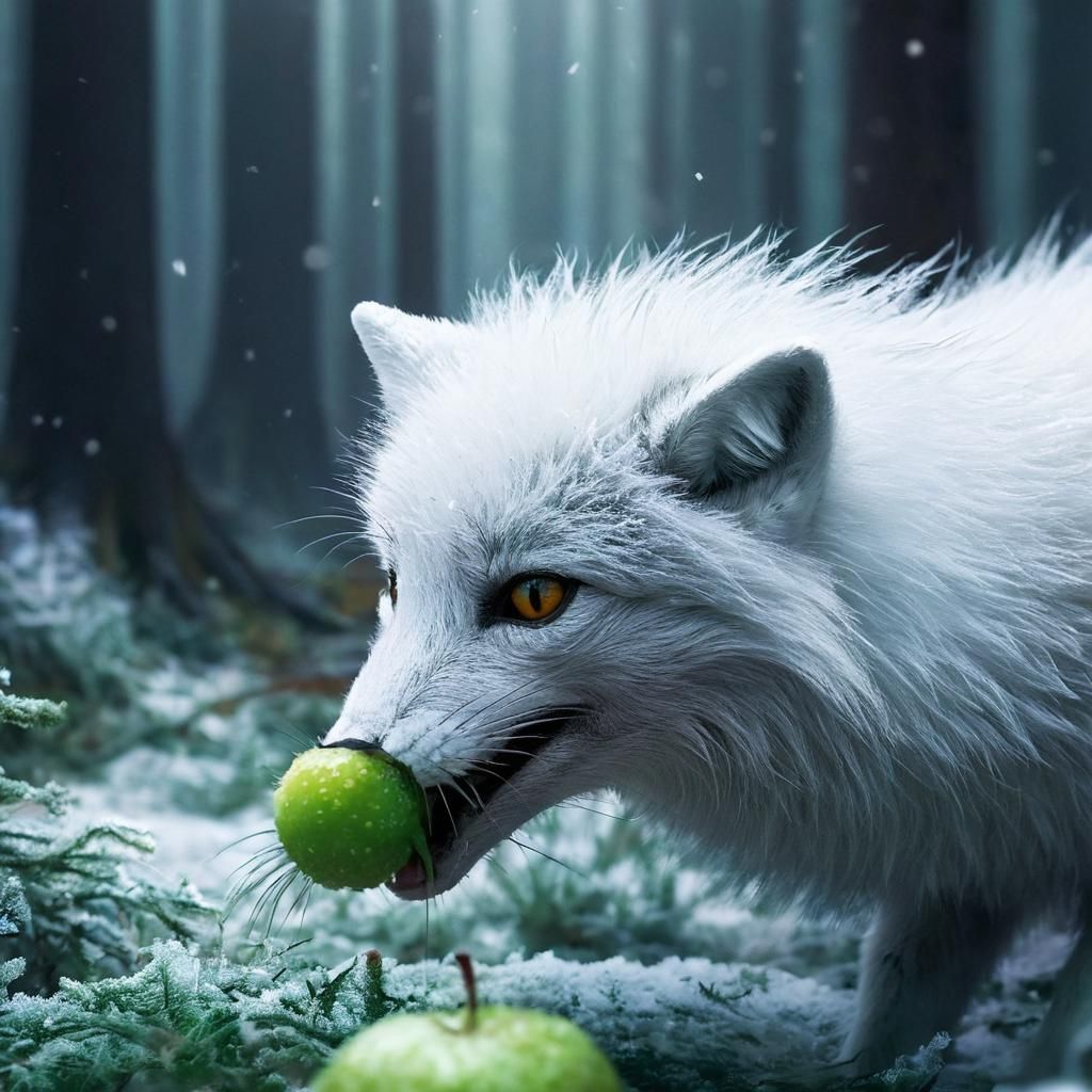 Arctic Fox Enjoys Green Fruit in Snowy Forest