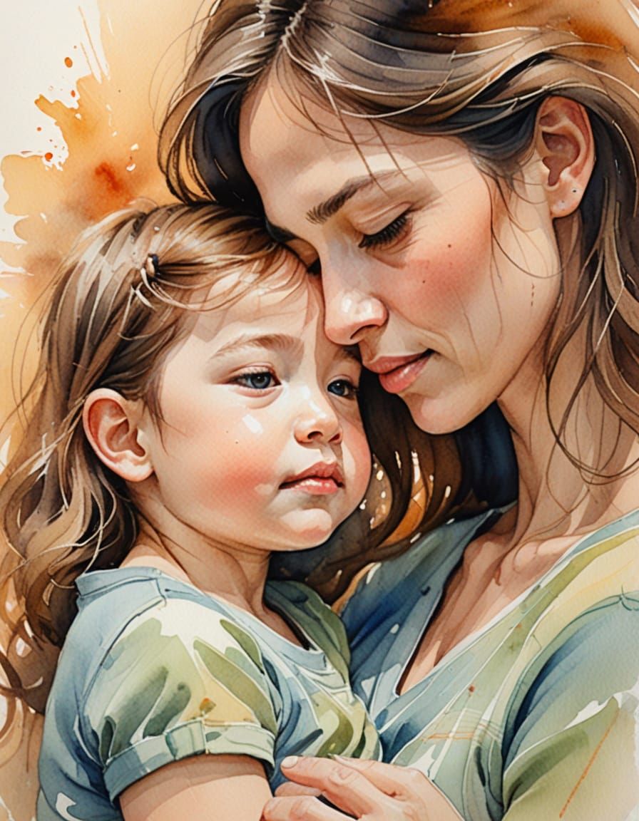 Tender Watercolor Portrait of Mother and Child