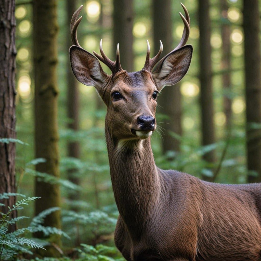 A male musk deer in a forest