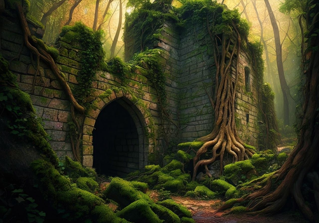 Medieval Castle Ruins in a Primeval Forest
