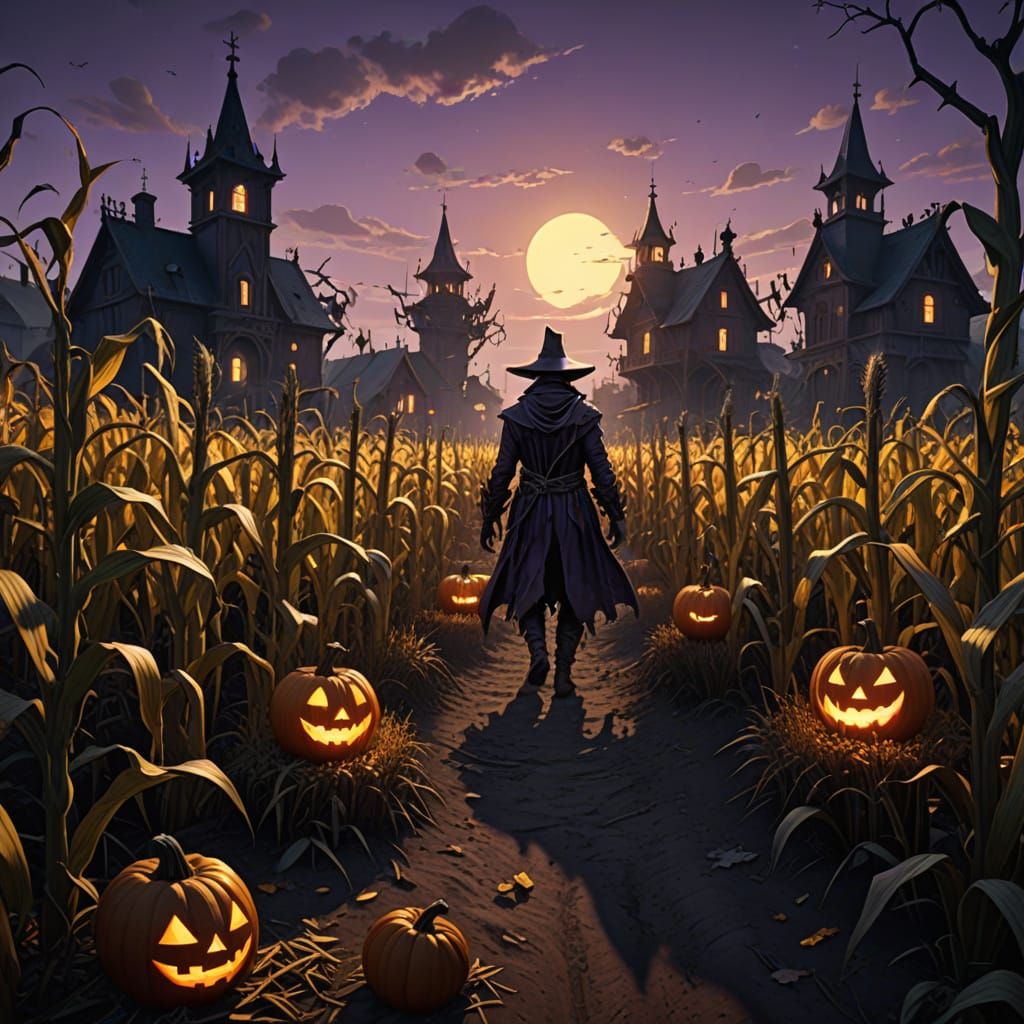 Eerie Halloween Scene with Haunted Mazes and Ghostly Scarecr...