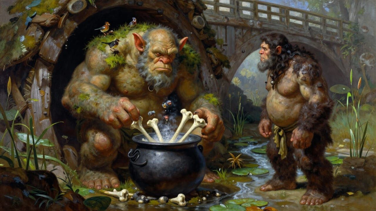 Fantasy Oil Painting of Troll Boiling Bones Under Bridge