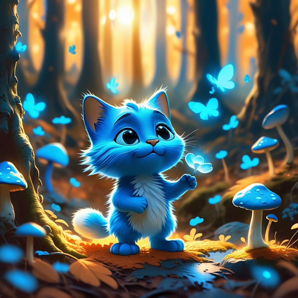 Blue Smurf Cat in a Glowing Forest