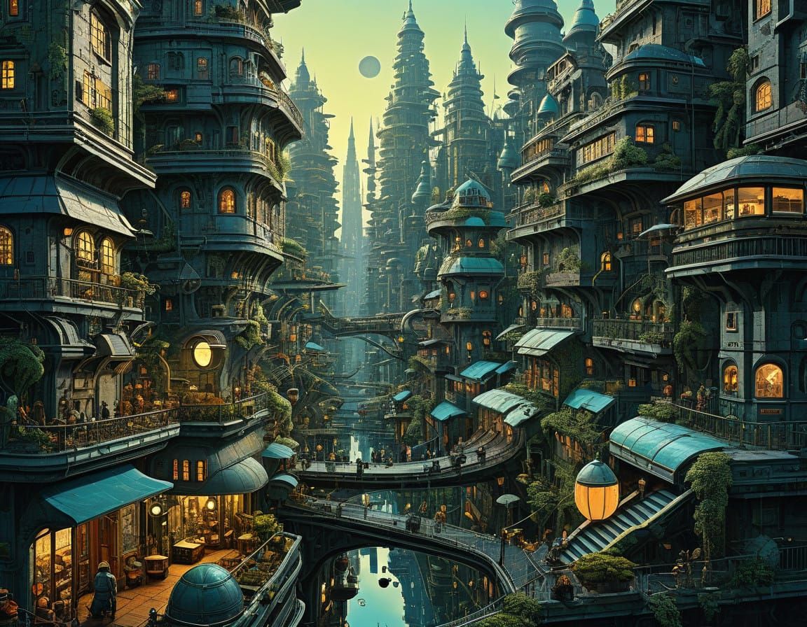 Solarpunk Futuristic Cityscape with Whimsical Darling Citize...