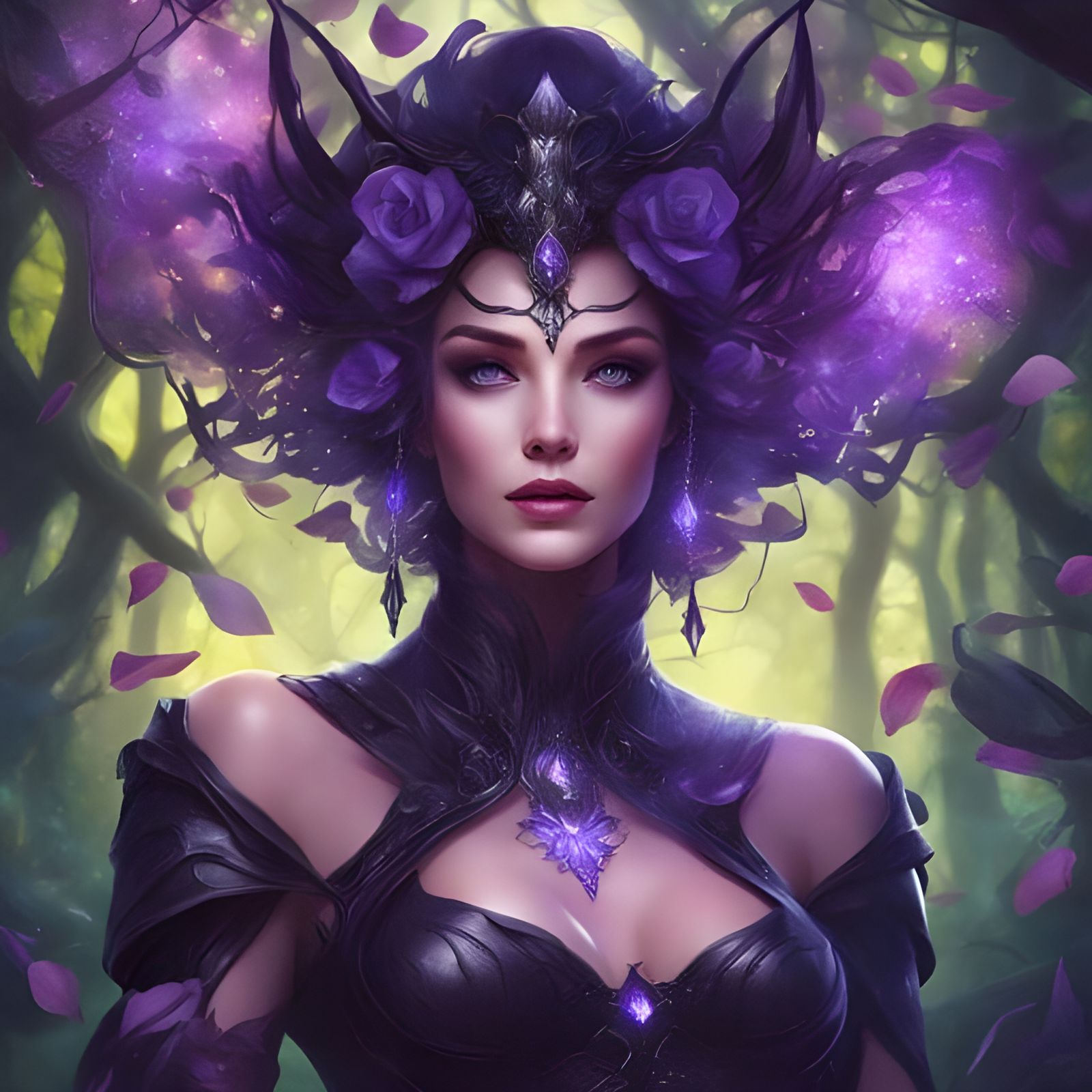 Bioluminescent Leather Goddess in Magic Forest Portrait