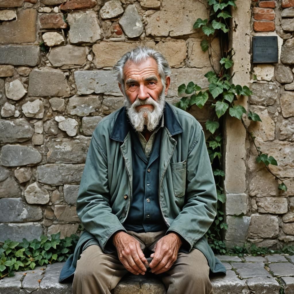 Elderly Geologist Portrait with Italian Stone House