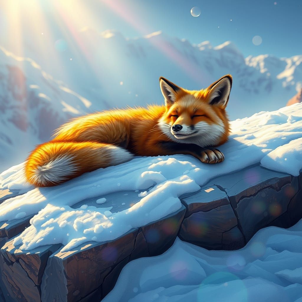Snow Fox Relaxing in Sunlight: Holographic Astral Illustrati...