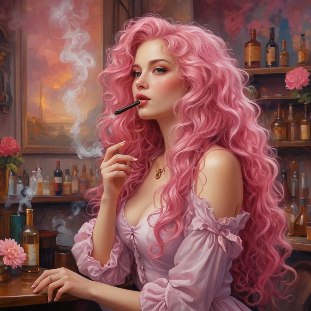 a beautiful  woman smoking a pipe in the bar,