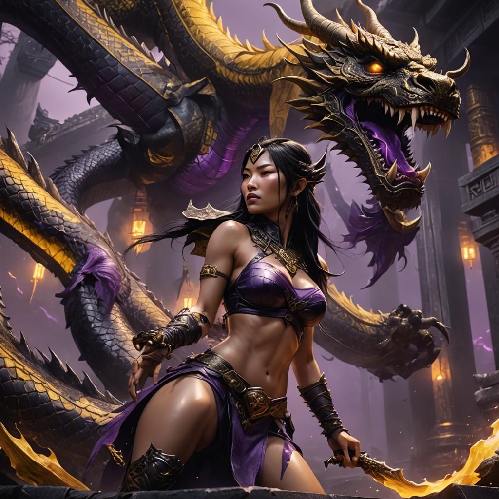 Asian Warrior Woman Eats Dragon in Dark Fantasy Temple