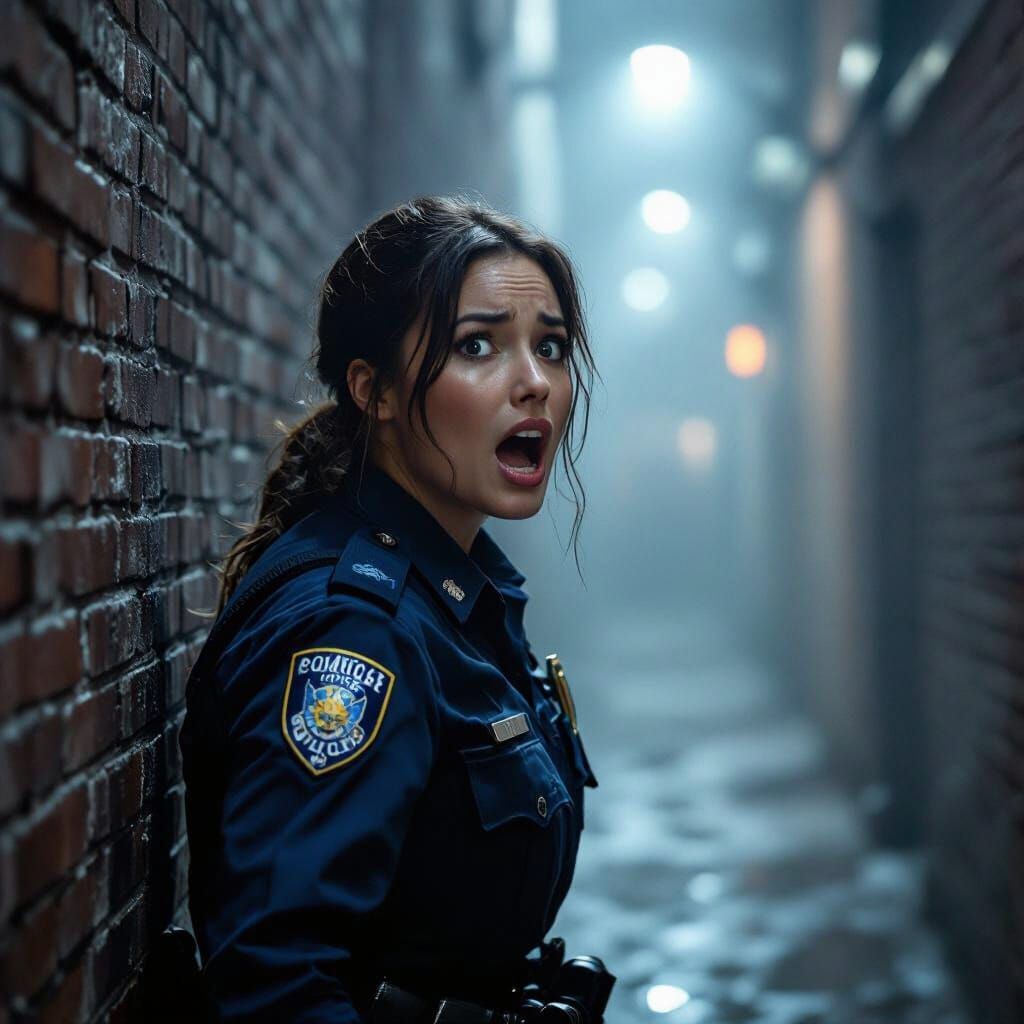 Frightened Police Officer in Dark Alleyway
