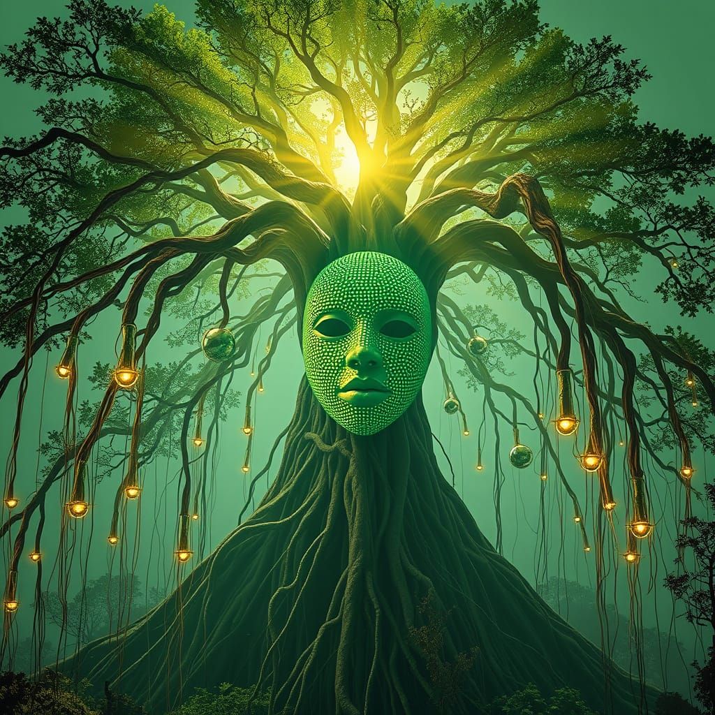 Surreal Ghibli Face Mask Sculpture in Ancient Tree