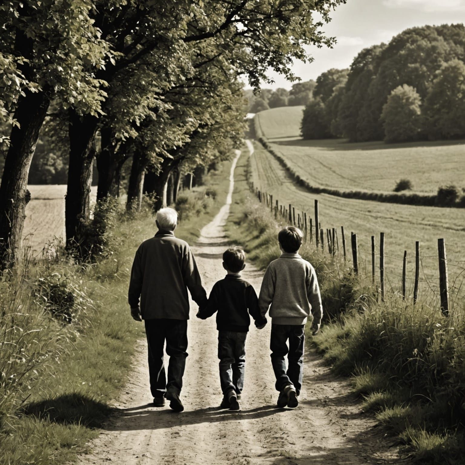 Grandfather and Grandson Walking in Countryside, B&W