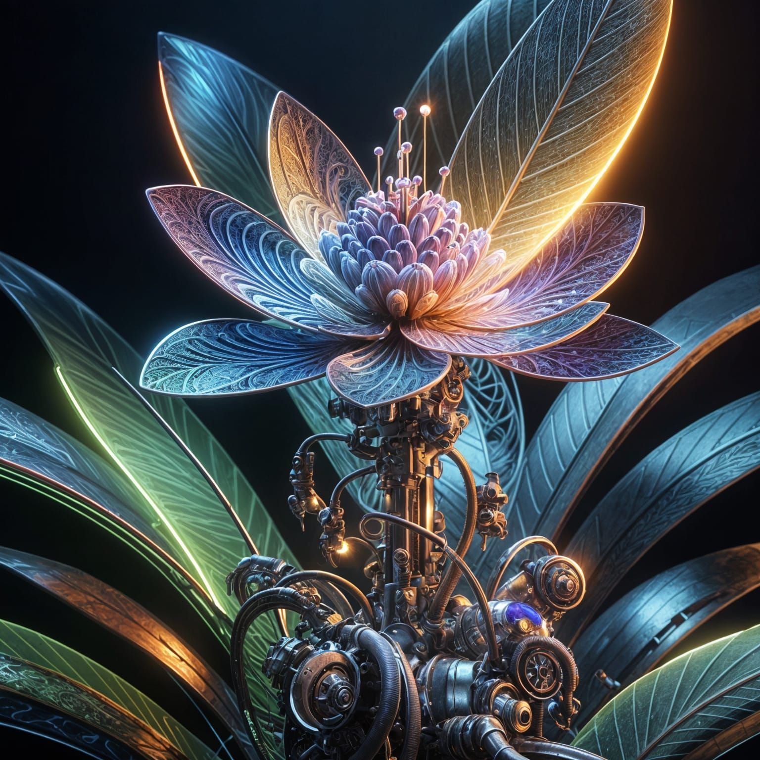 Cybernetic Botanical Marvel with Radiant Bioluminescence and...