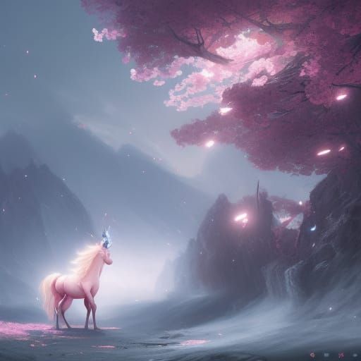 Cherry Blossom Unicorn in Dark Fantasy Style