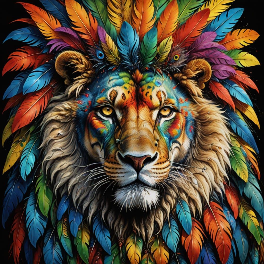 Surreal Creature with Lion Fur and Parrot Feathers in Vibran...