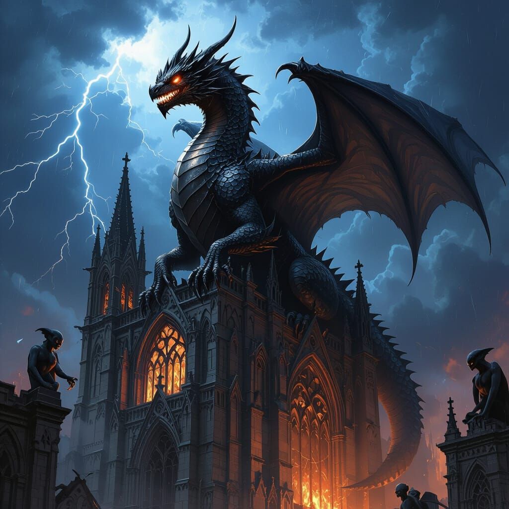 Dragon Perched Atop Gothic Cathedral in Dark Fantasy Style