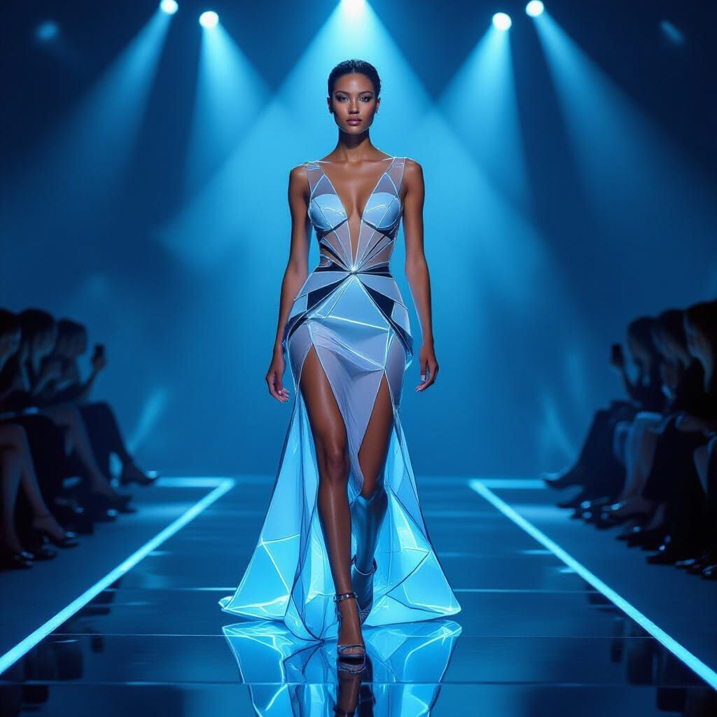 Futuristic Neon Glass Dress on Obsidian Runway