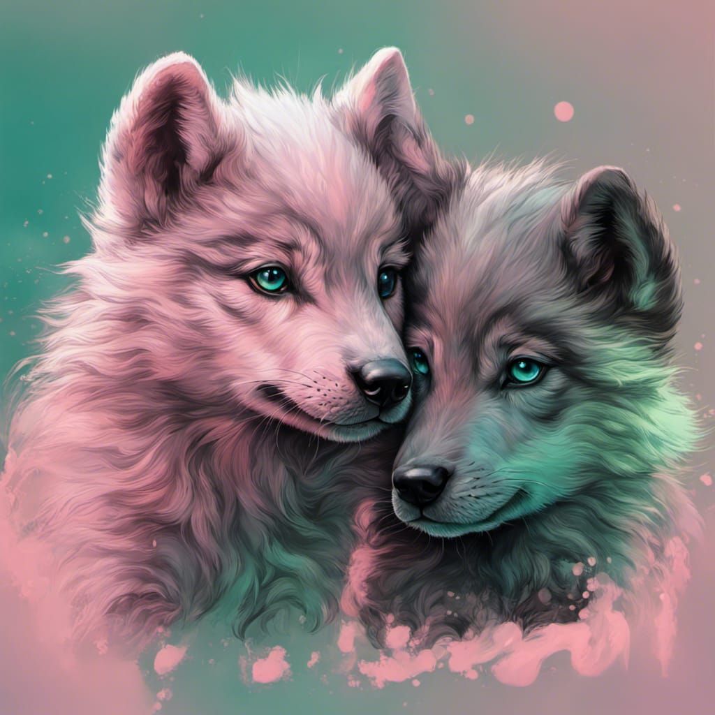 Hyperrealistic Black and Pink Wolf Puppies