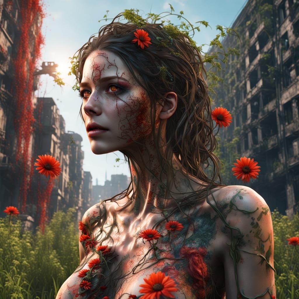 Apocalyptic Bloom: Woman Covered in Flowers