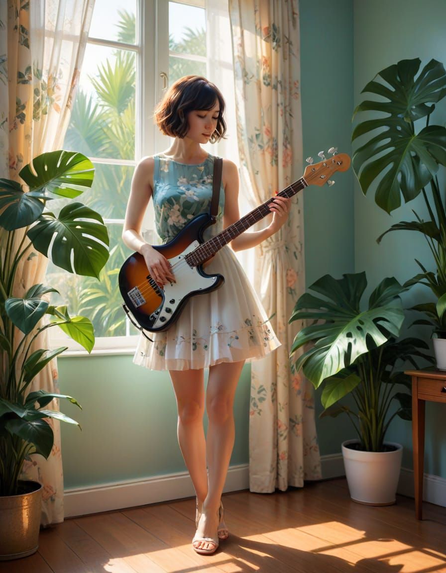Stylish Woman Plays Bass Guitar in Digital Painting Style