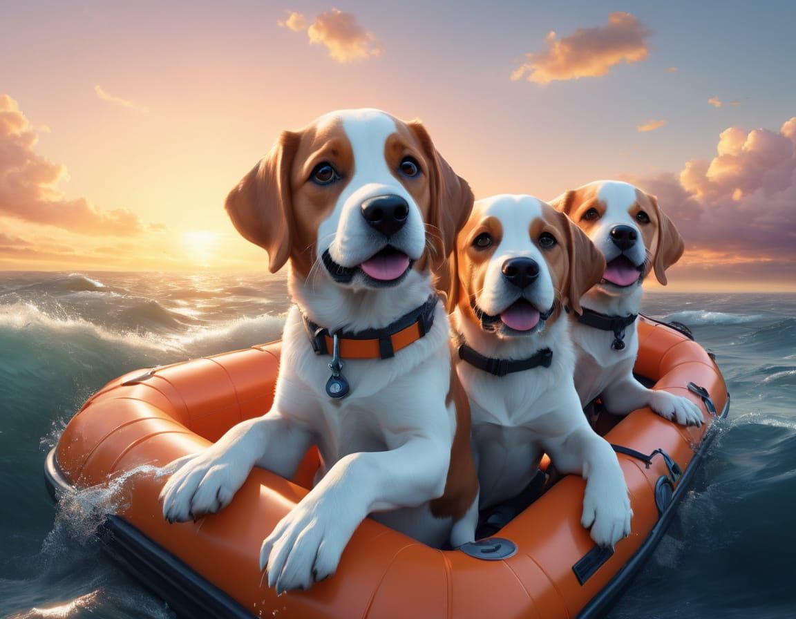 Dogs in Hyperealistic Inflatable Boat at Sunset