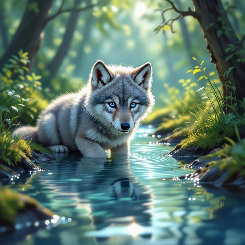 Wolf Pup's Reflection in Forest Stream