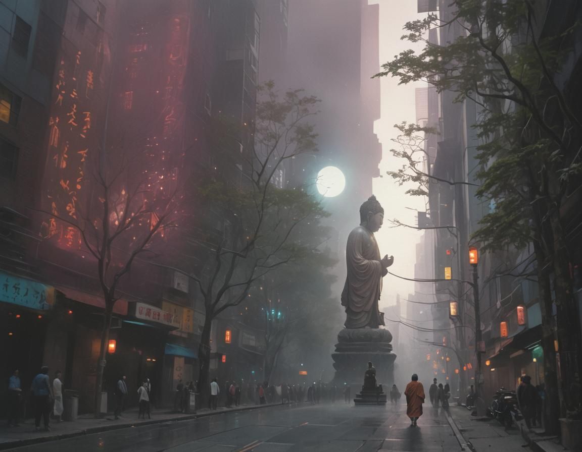 Buddha in Surreal Cityscape: Vibrant Oil Painting