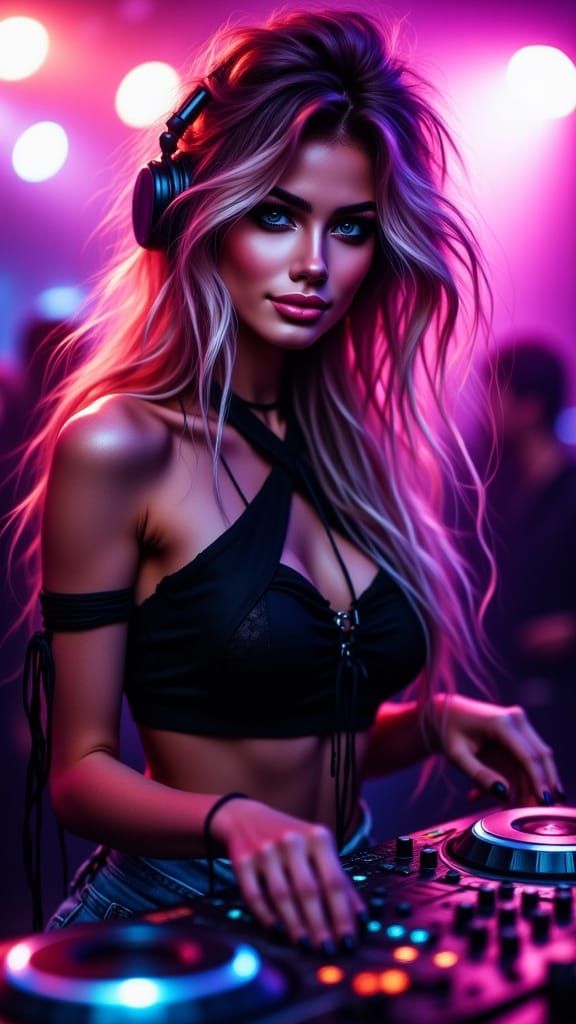 Confident DJ Woman in a Vibrant Nightclub Setting