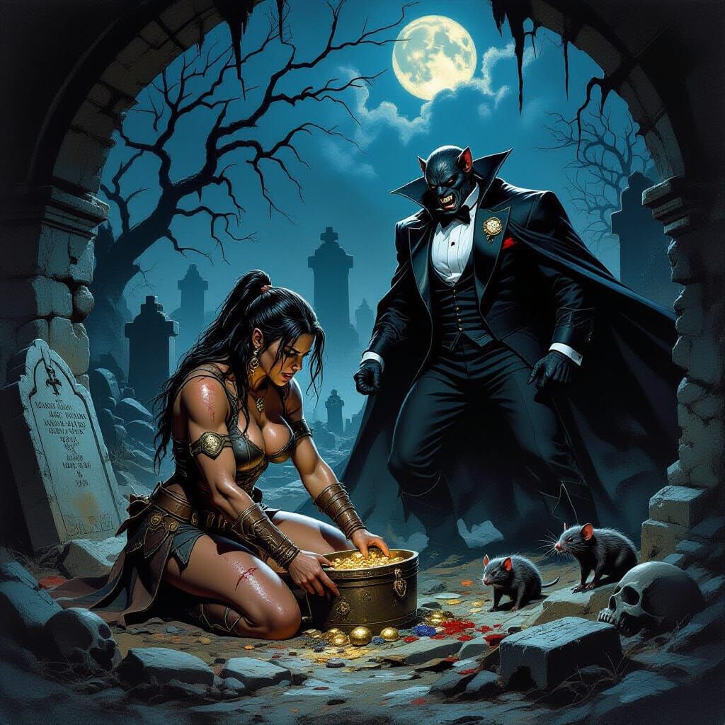 Barbarian vs Dracula in Gothic Graveyard