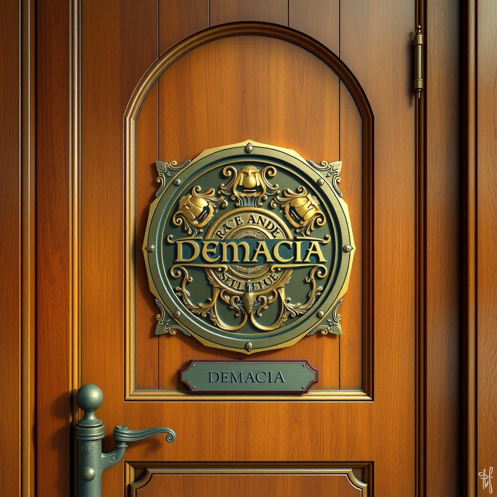 Elegant Door with Demacia Emblem in Golden Script