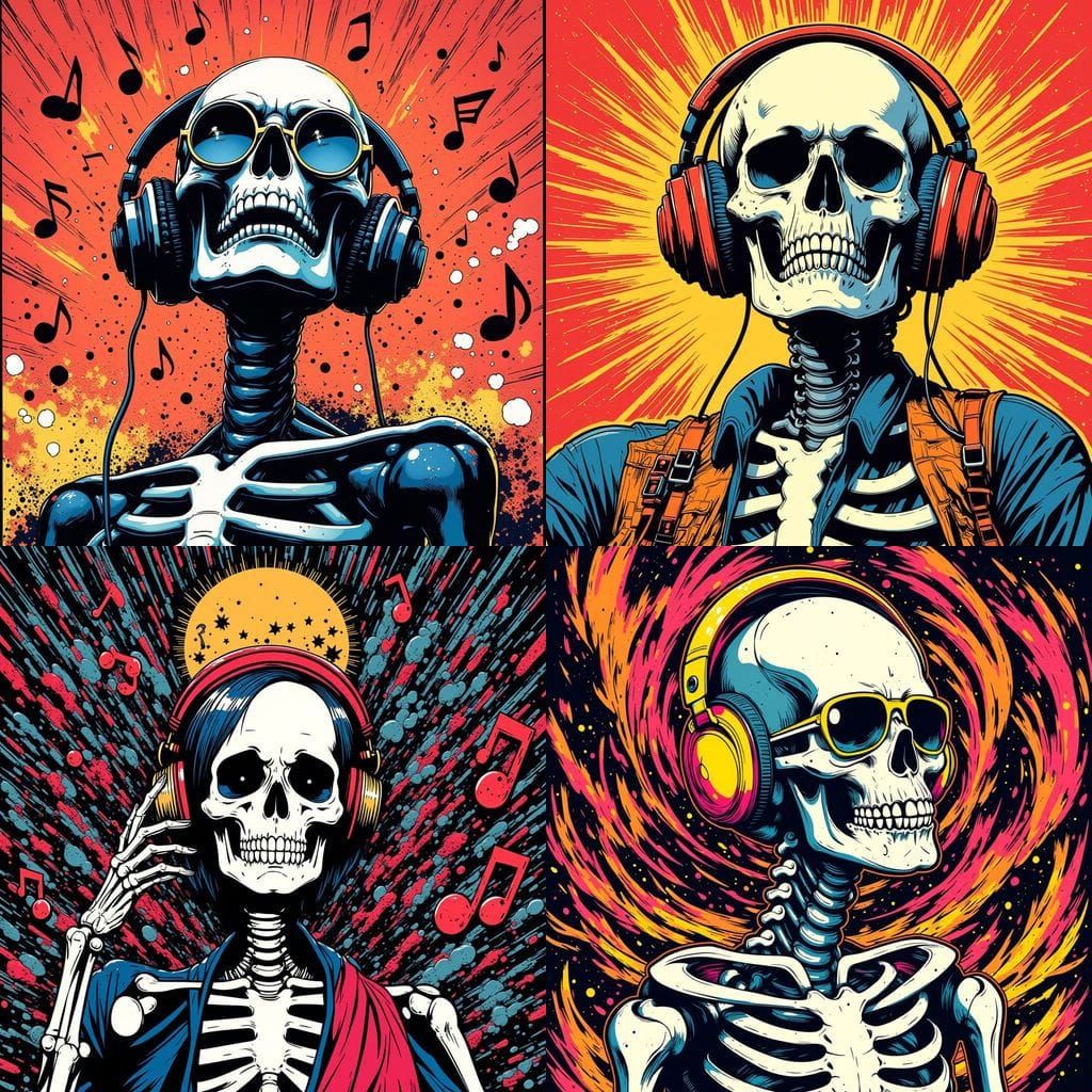 Skeleton with Headphones in Linoleum Print Style