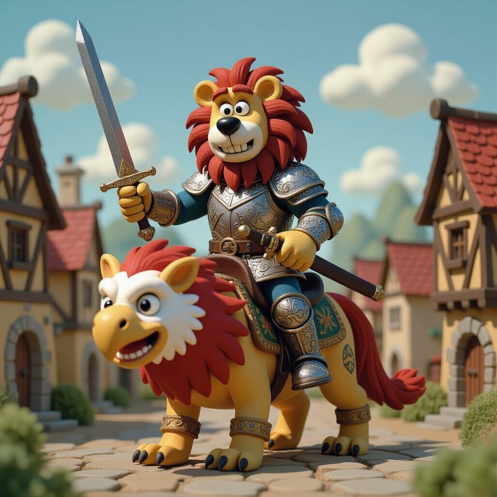 Lion Rider on Griffon in Claymation Style