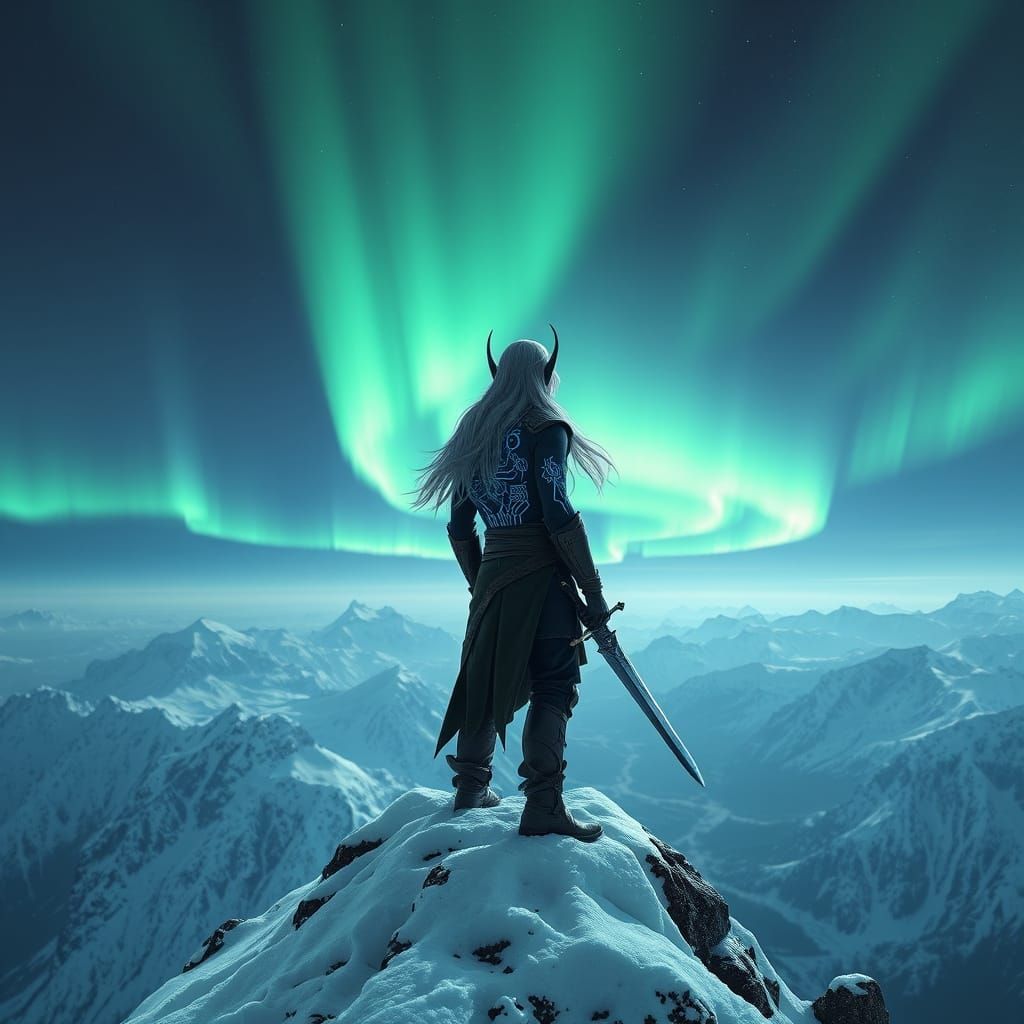 Dark Elf Gazing at Aurora Borealis