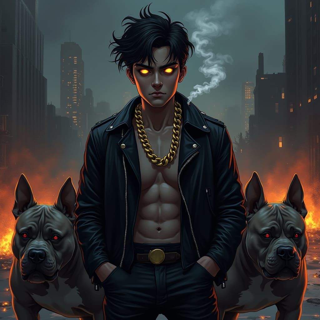 Dark, Mysterious Young Man in Ruined City, Flanked by Pitbul...
