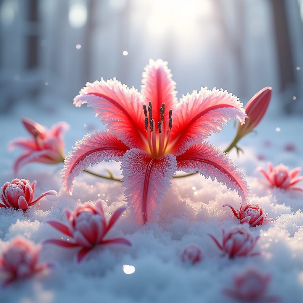 Icy Red Spider Lily in Frozen Forest, 3D Anime Art
