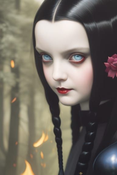 Wednesday Addams Portrait with Fire, Dark Fantasy Art