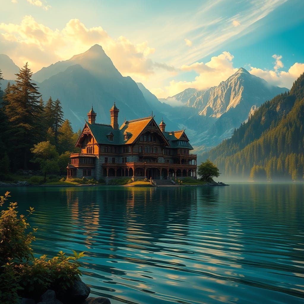 Fantasy Realm on Tranquil Lake Shore, Majestic House in Gold...