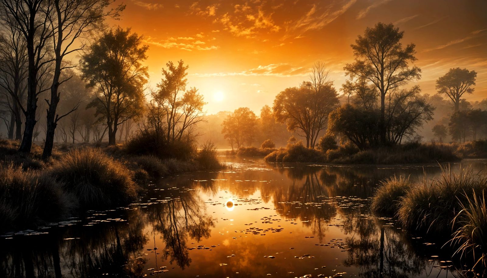 Peaceful Golden Hour Landscape Over Still Lake