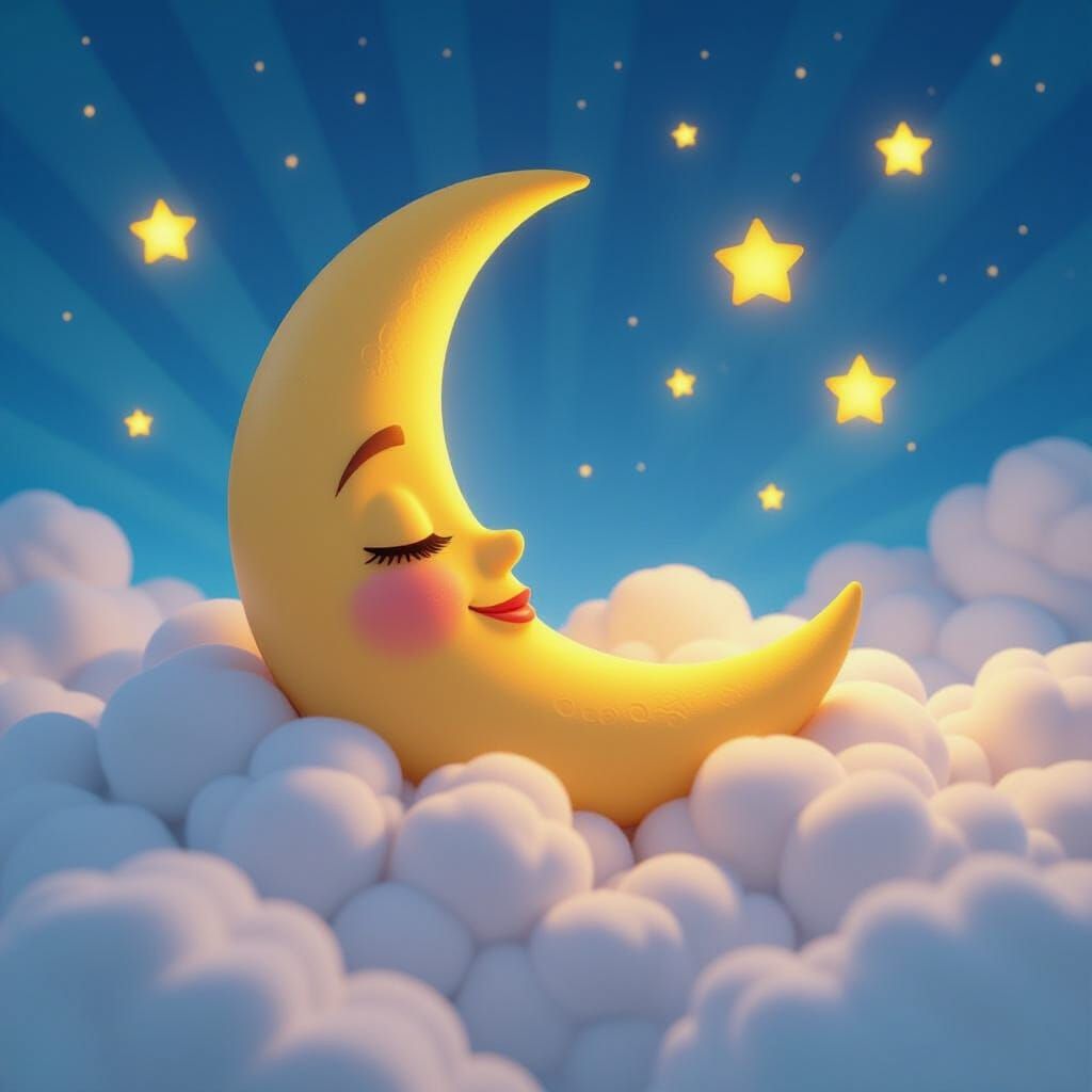 Sleeping Crescent Moon Snuggled in Clouds with Kind Stars