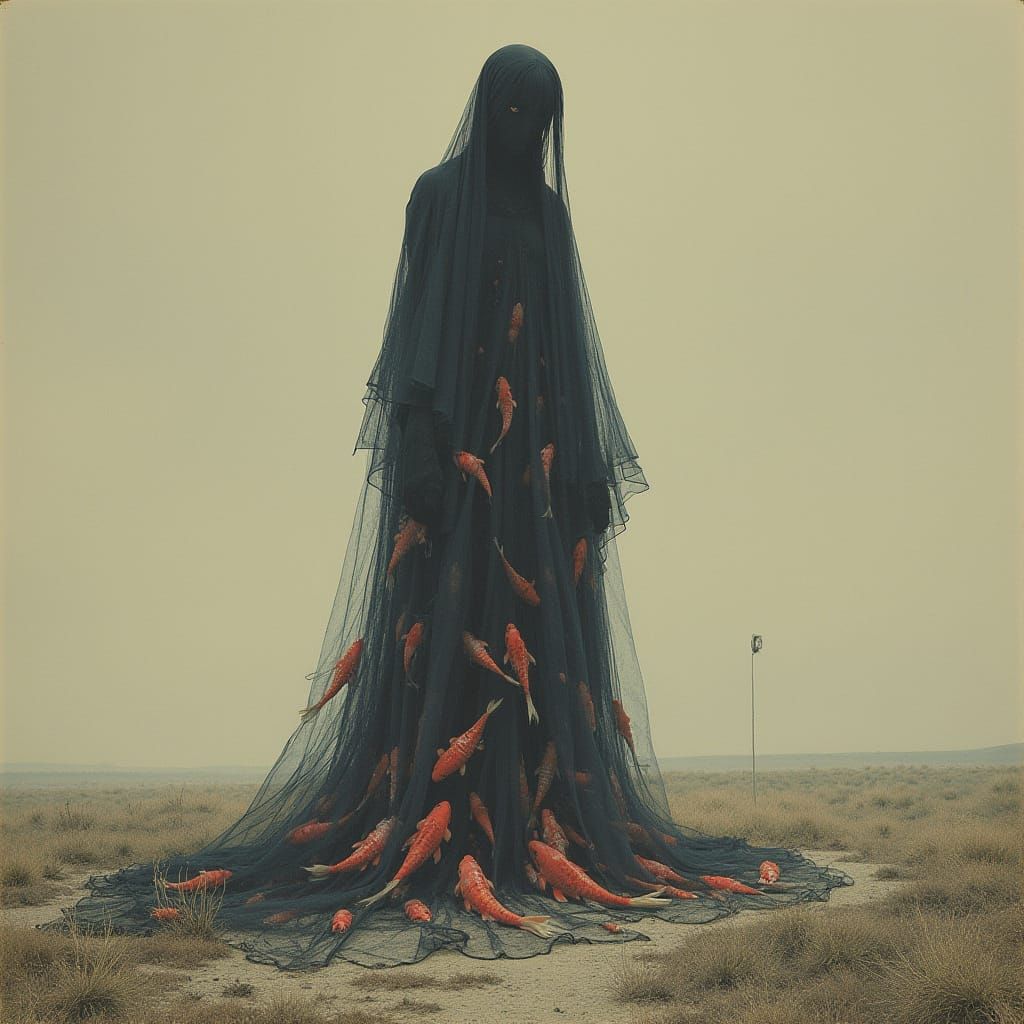 Towering Koi Figure in Windswept Dreamscape