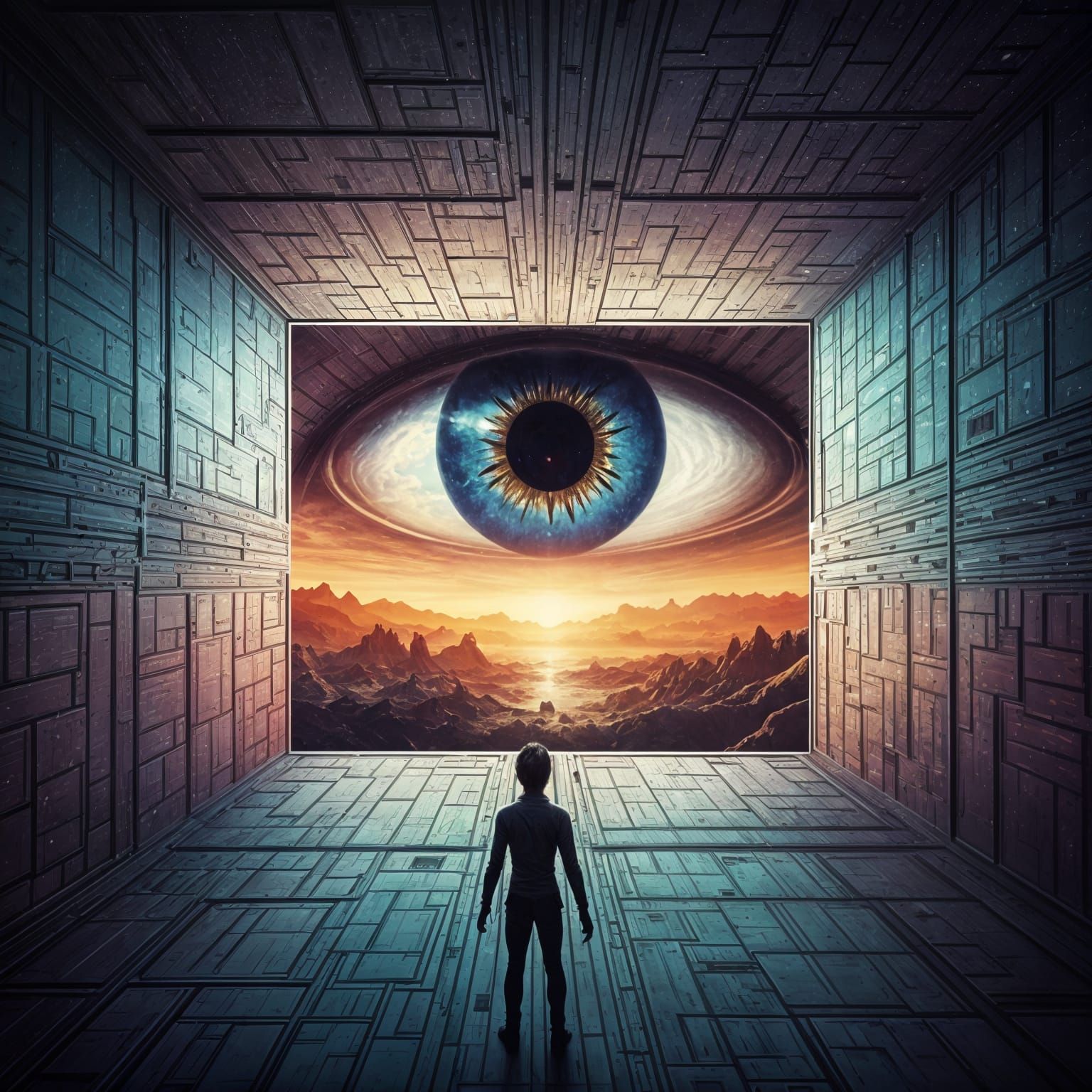 Tiny Being's Gaze Out From Mirrored Biosphere At Giant Eye